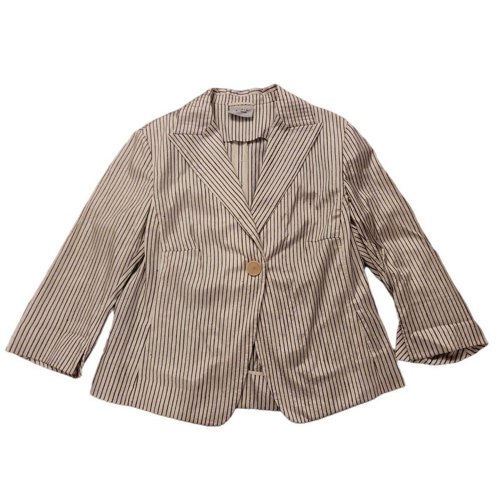 Akris Punto White Gray Silk Pinstripe 1 Button 3/4 Sleeve Blazer Jacket Size 12